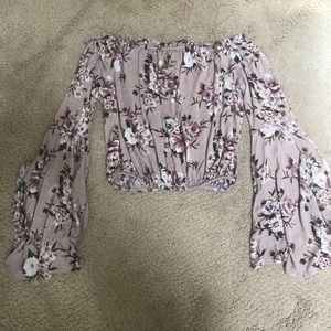 Off the shoulder floral shirt, flowy sleeves